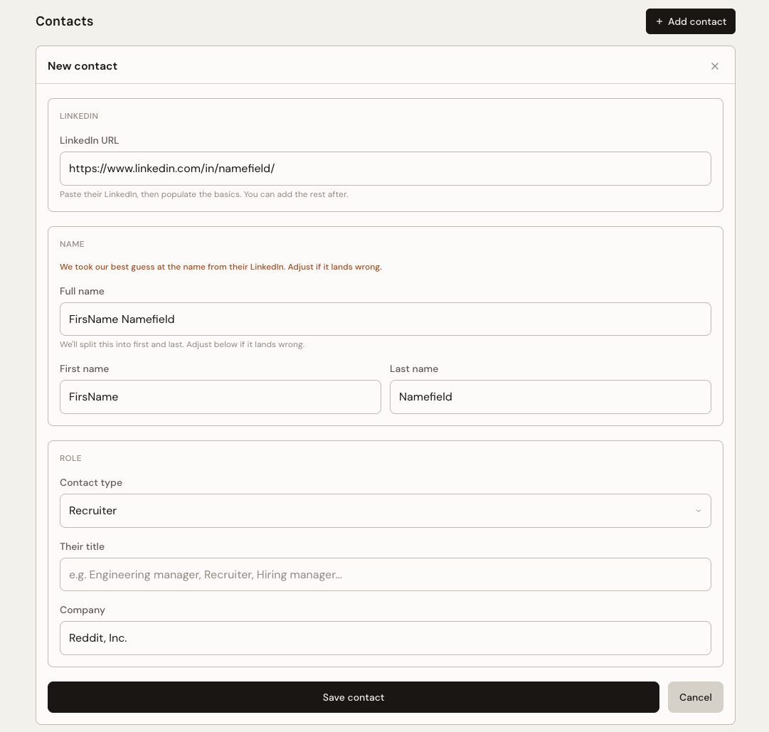 The add contact flow with a LinkedIn profile pasted in and the name, title, and company filled in