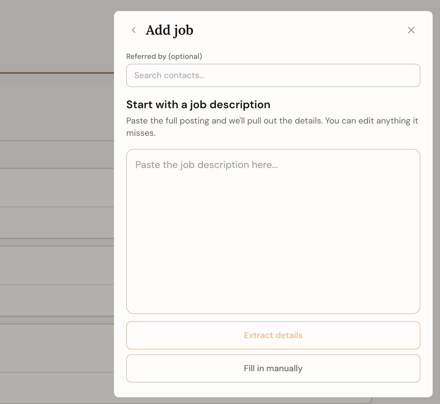The Add a job sheet with a field for pasting a job description