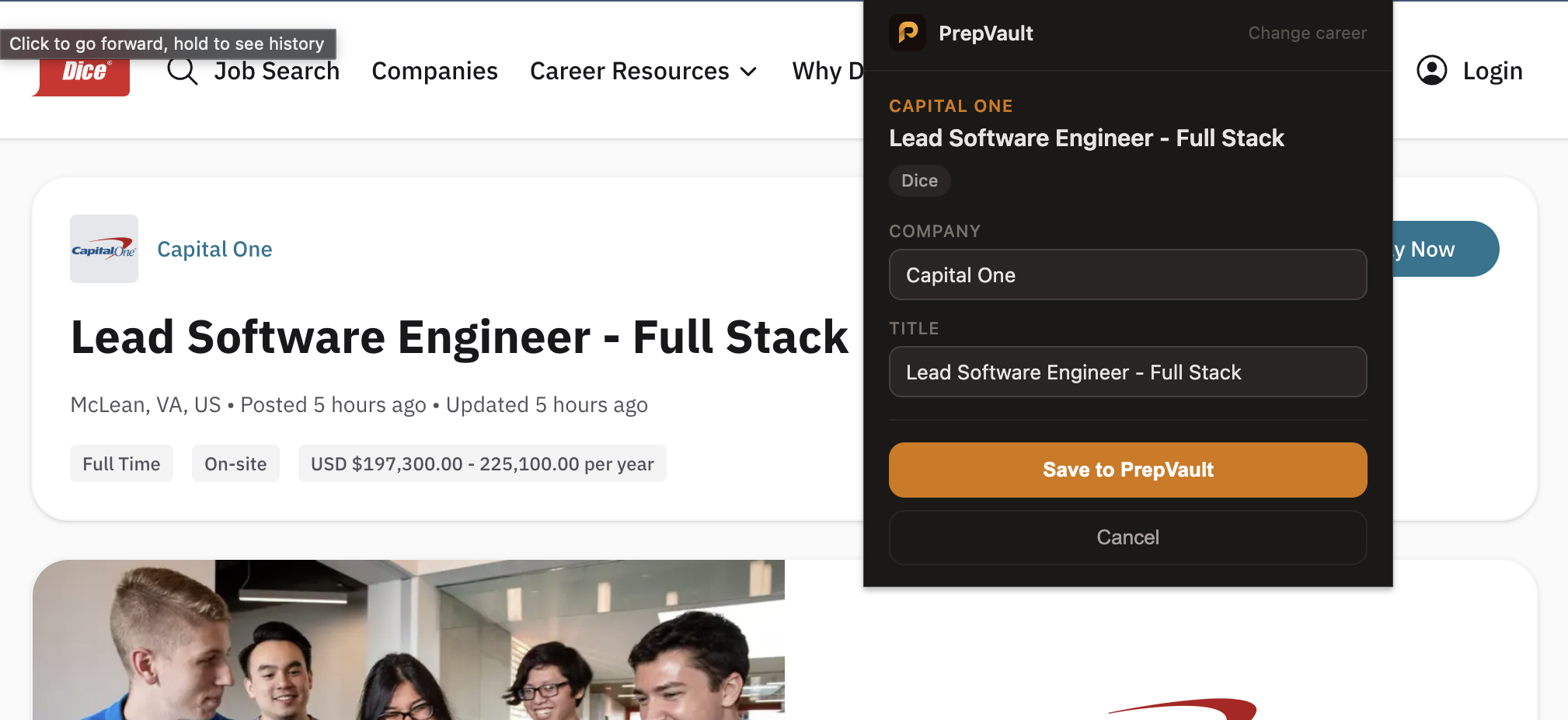 The PrepVault extension popup previewing a job before saving it