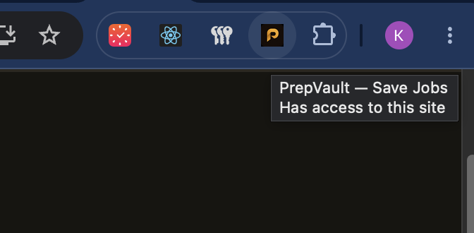 Browser toolbar with the PrepVault extension icon pinned next to the address bar