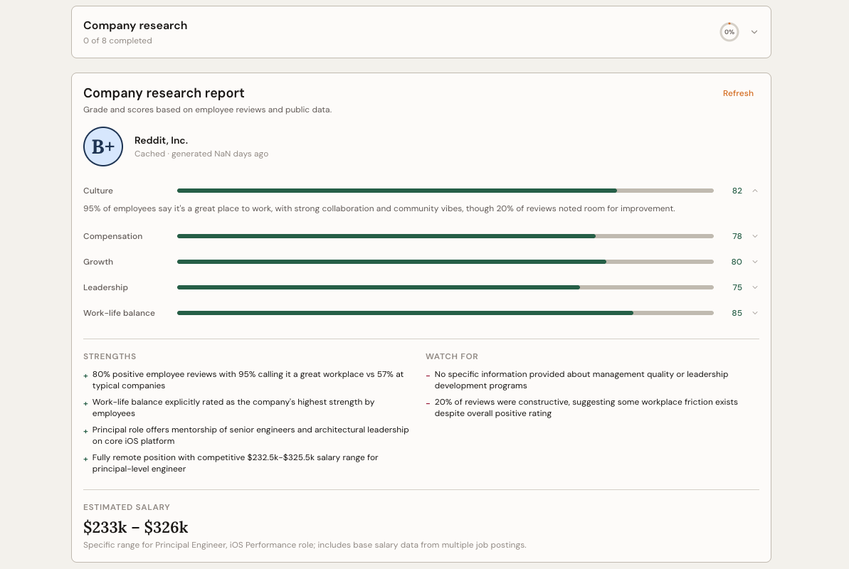 A company research report card showing culture, red flags, recent news, and who to reach out to