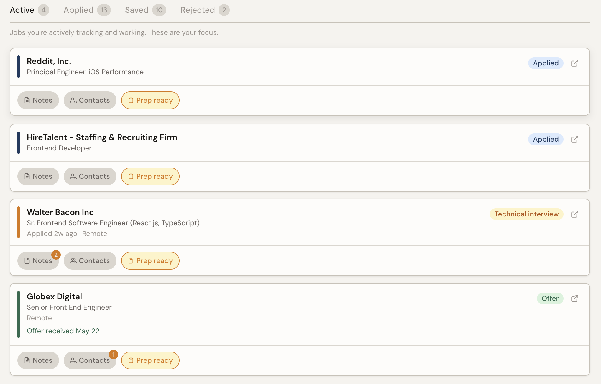 The PrepVault dashboard showing today's focus, the active board of live roles, and the prep path