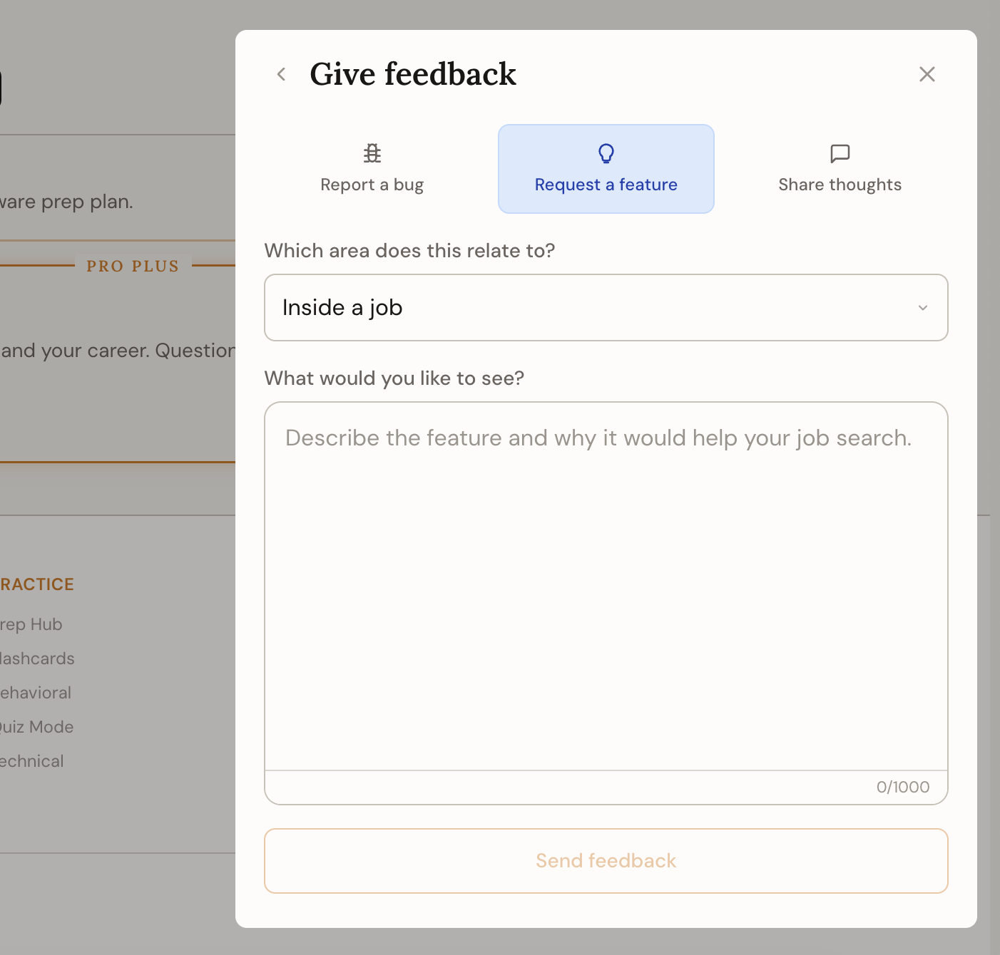 The feedback form with a type selector and an app-area picker