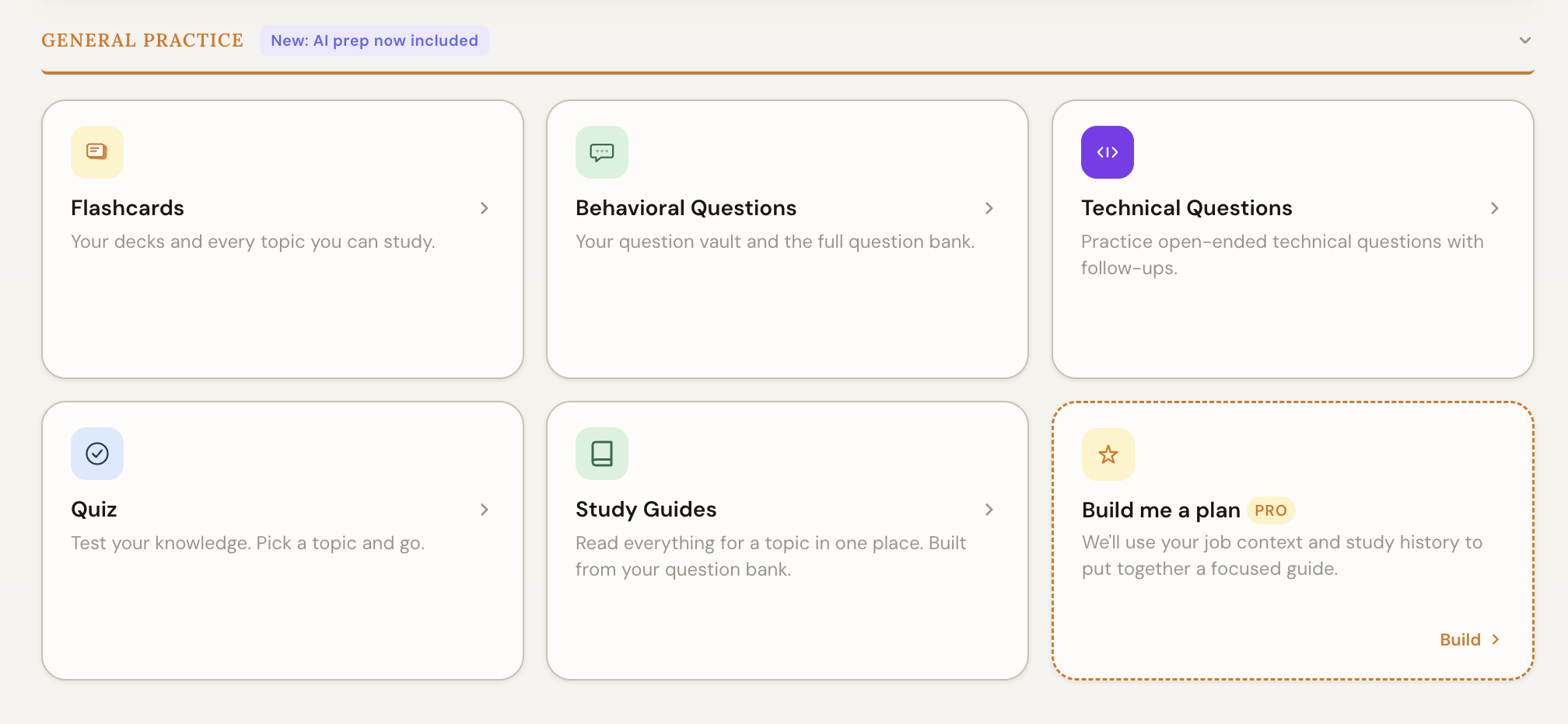 The Prep area showing the practice modes: flashcards, quiz, and behavioral practice