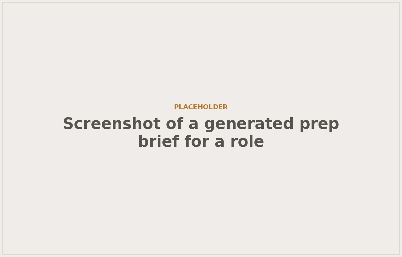 A generated prep brief for a role, built from the job description, notes, and current stage