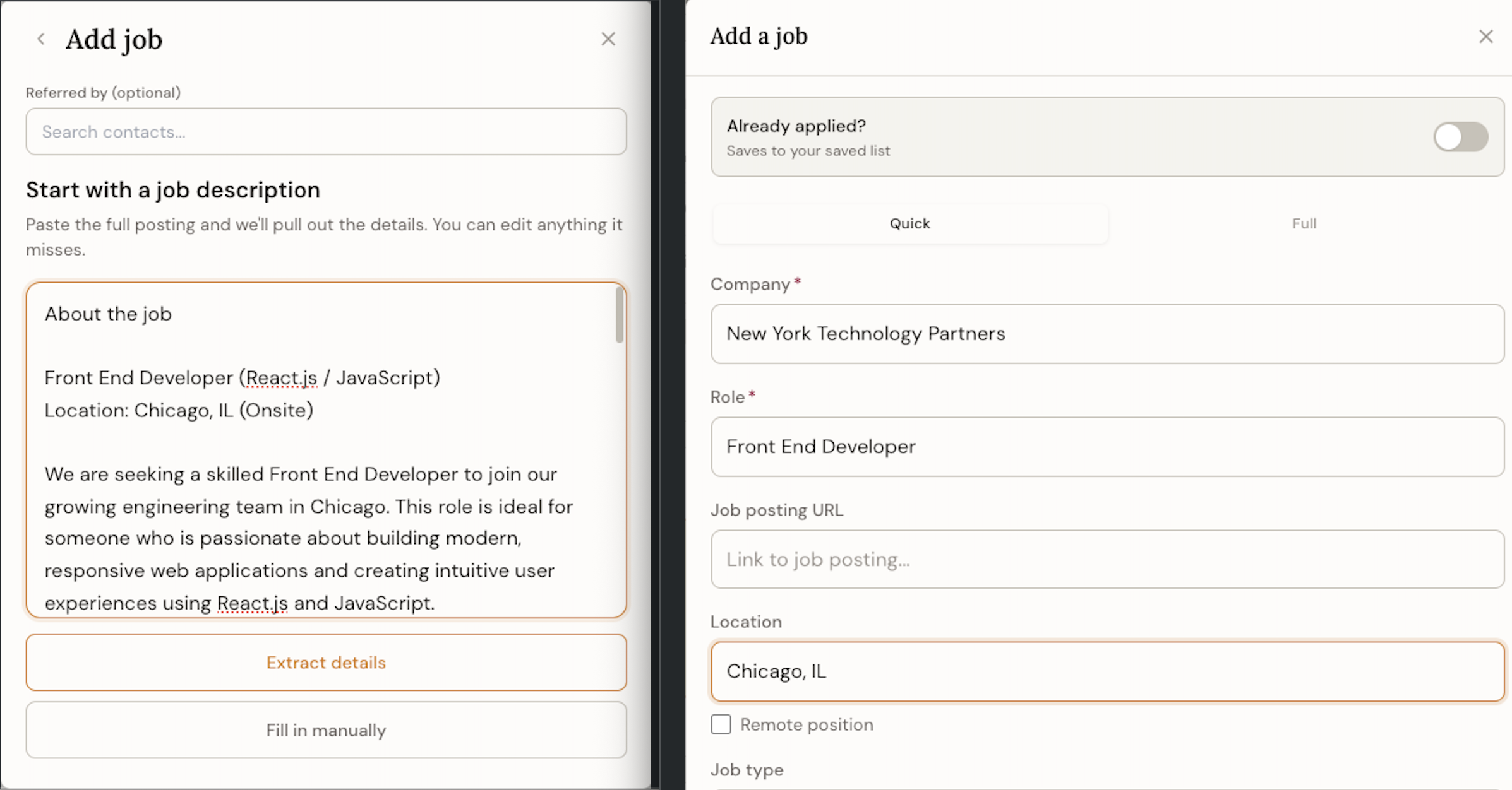 The quick add job flow with a job description pasted in and the title, company, and skills filled in