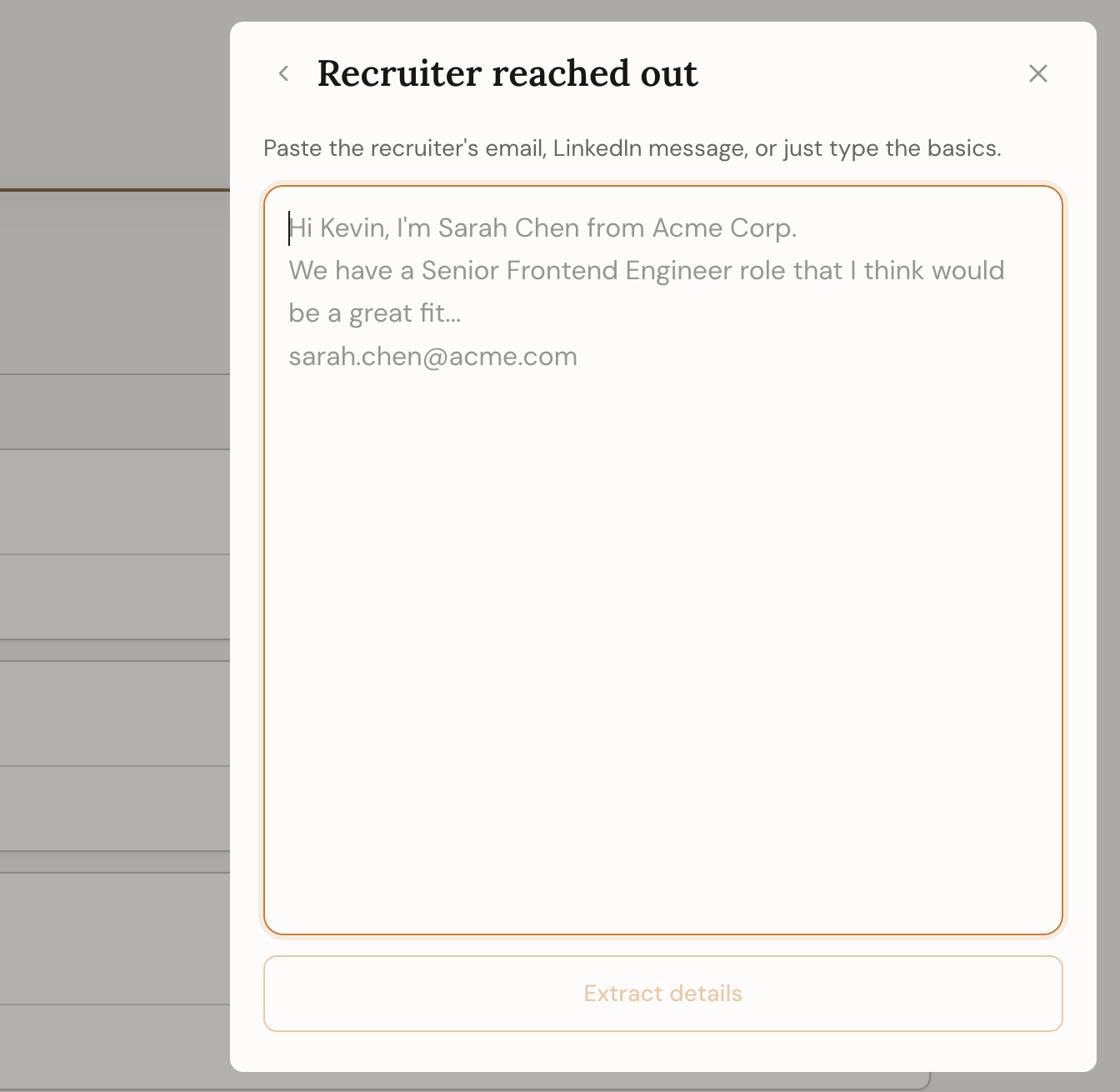 The Recruiter reached out quick action for capturing an inbound recruiter message