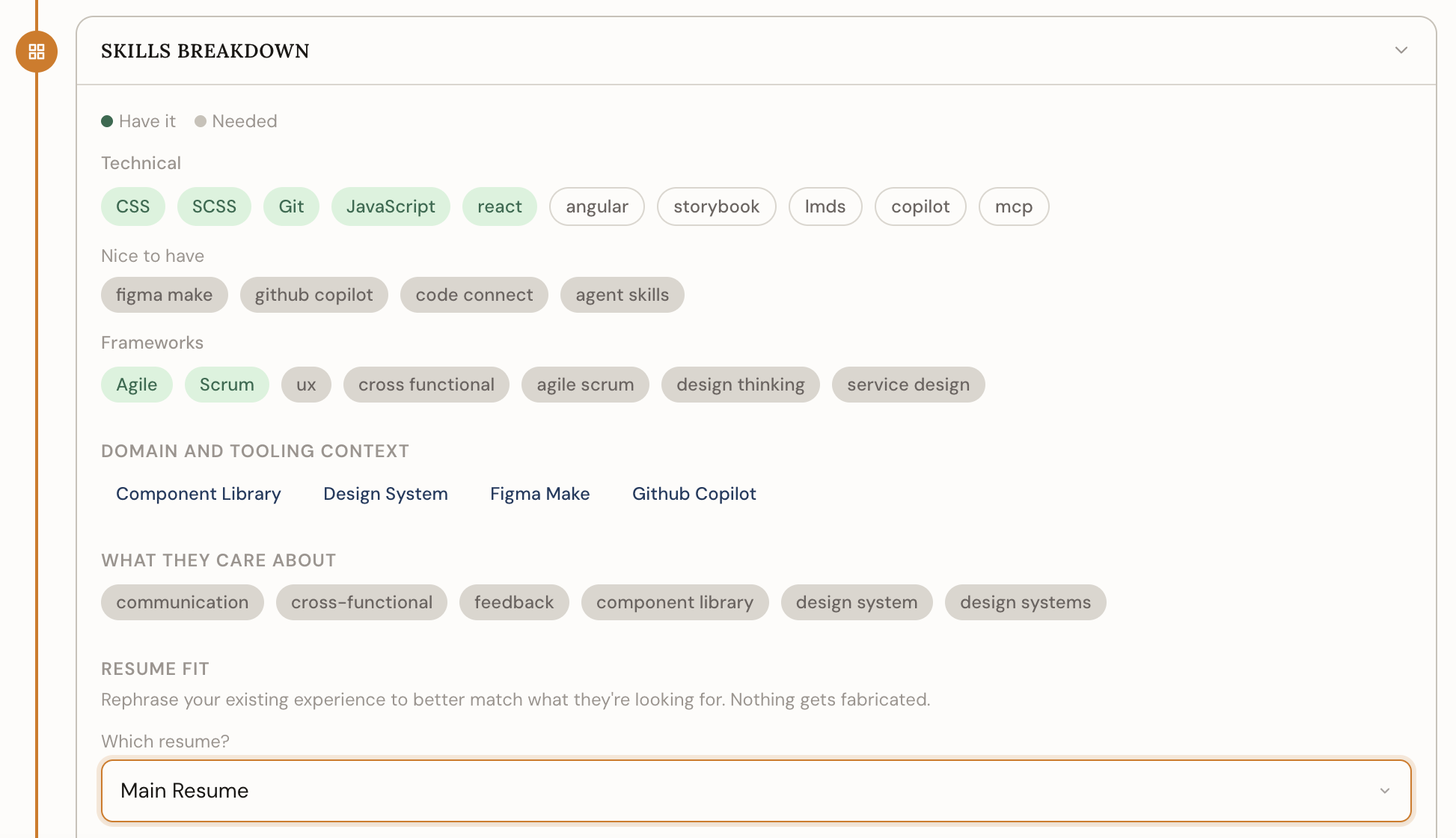 Resume keyword matching showing where a resume lines up with a job posting and where it falls short
