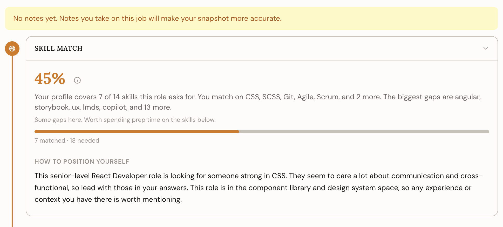 The Role analysis section showing skill chips for matched skills and gaps