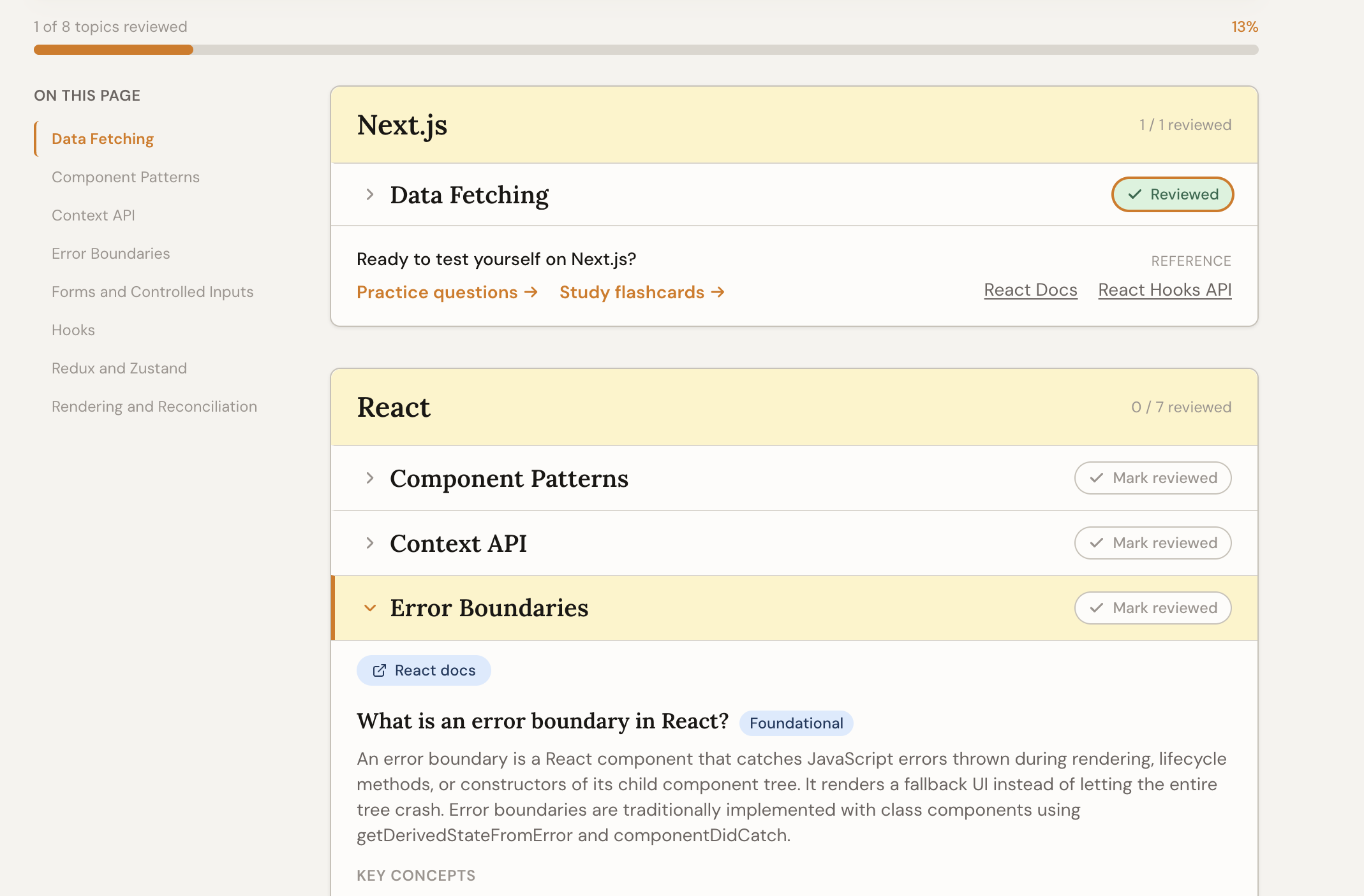 The study guide builder with content toggles and a difficulty filter